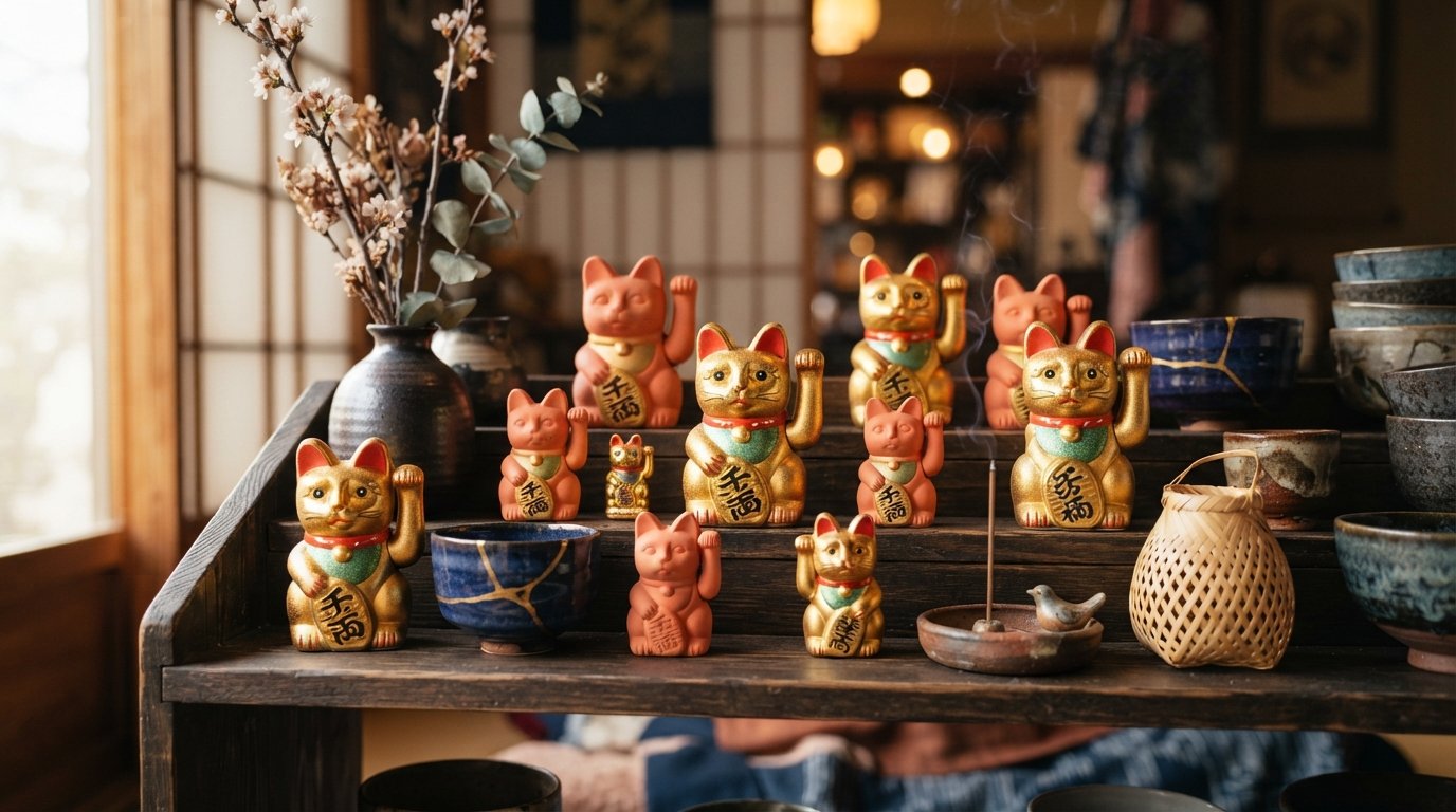 Žltá mačka Maneki Neko so zlatým prútom zo živice – dekoratívna figúrka 9 cm